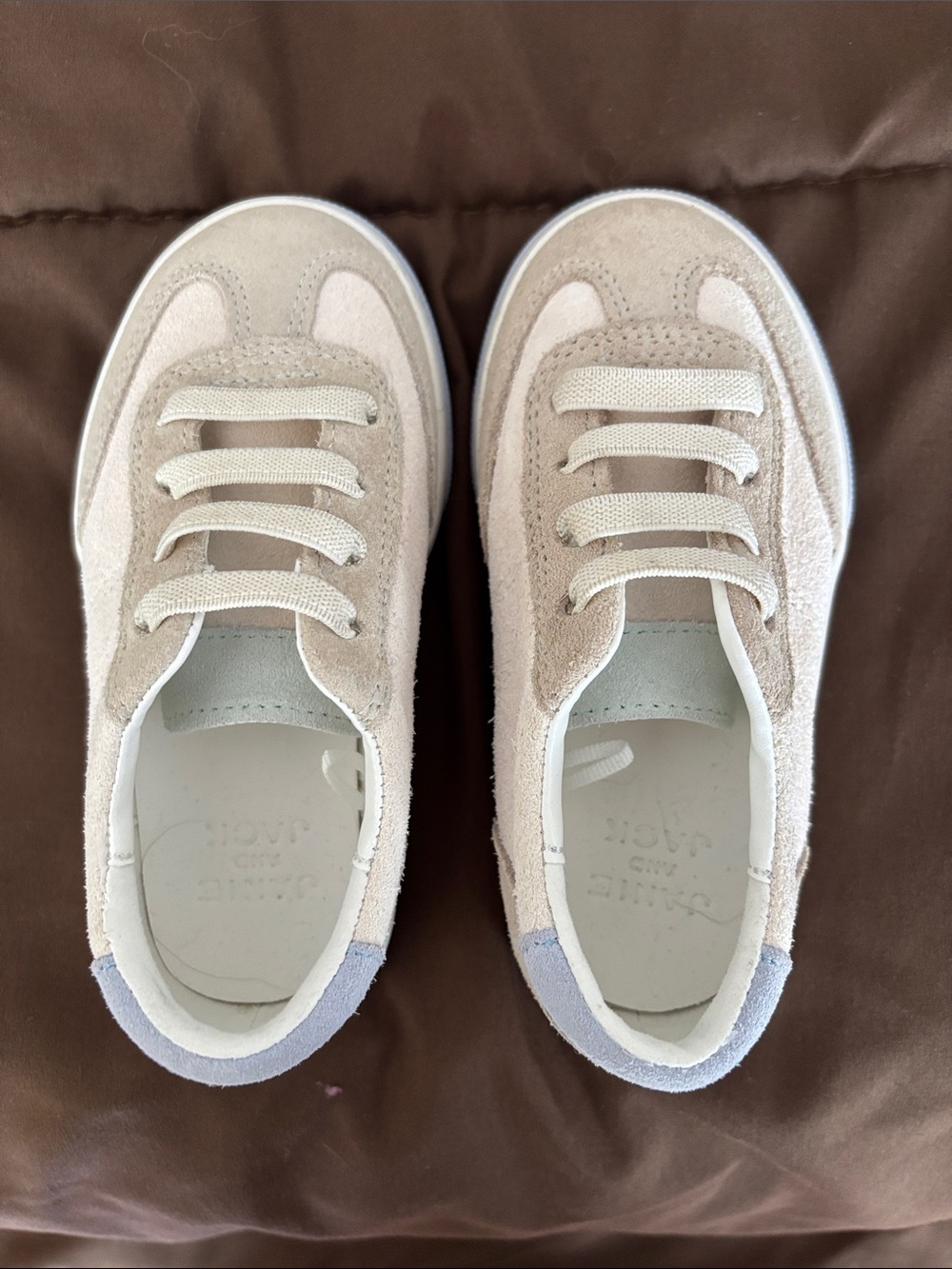 Janie and Jack Beige Suede Kids Sneakers with Light Blue Heel